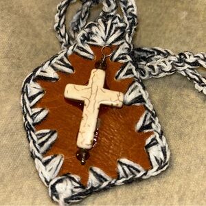 White Cross on Leather Escapulario